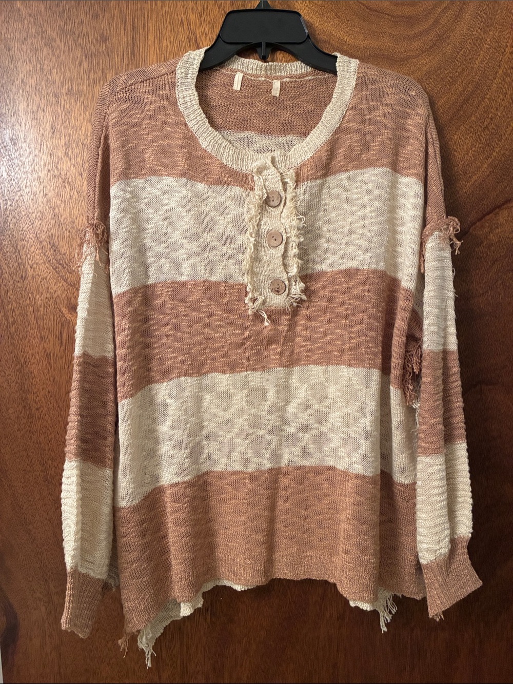 Striped Frayed Henley Knit Top in Blush and Cream